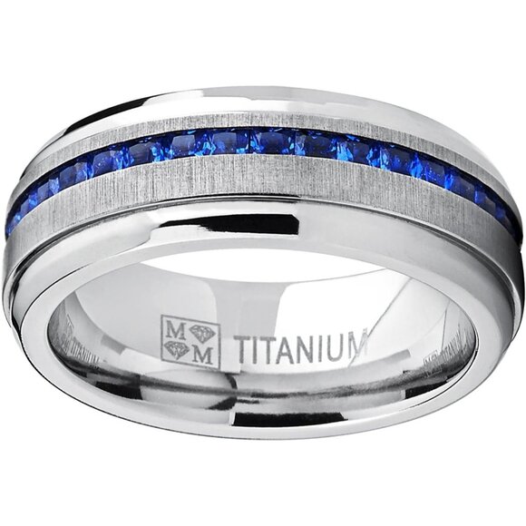 🆕 Men Blue Engagement Ring Eternity Titanium Wedding Band Simulated Sapphire - Picture 3 of 7